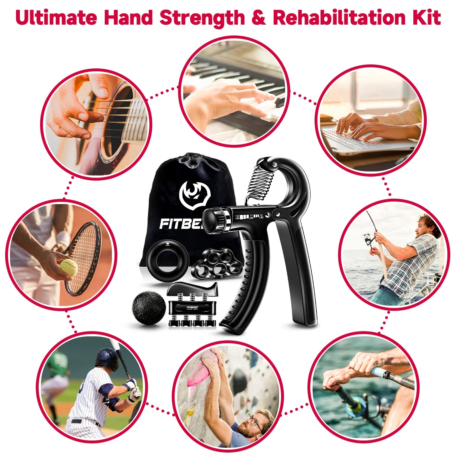 Adjustable Hand Grip Strengthener Workout Kit ( 10 to 132 LBS) - Black