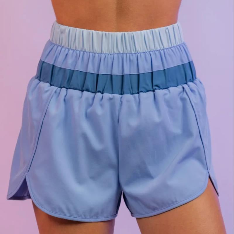 Light Blue Color Block Active Shorts with Elastic High Waistband