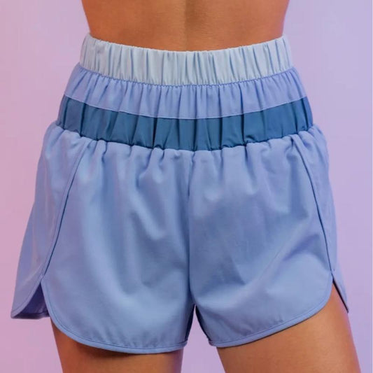Light Blue Color Block Active Shorts with Elastic High Waistband