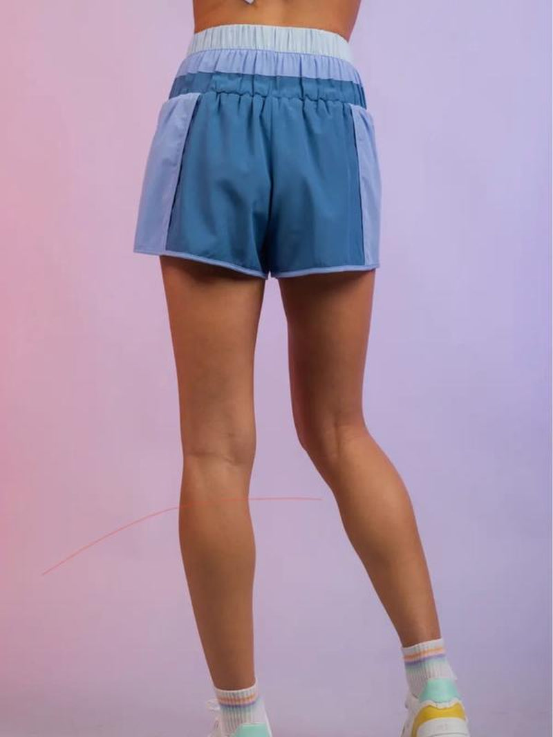 Light Blue Color Block Active Shorts with Elastic High Waistband