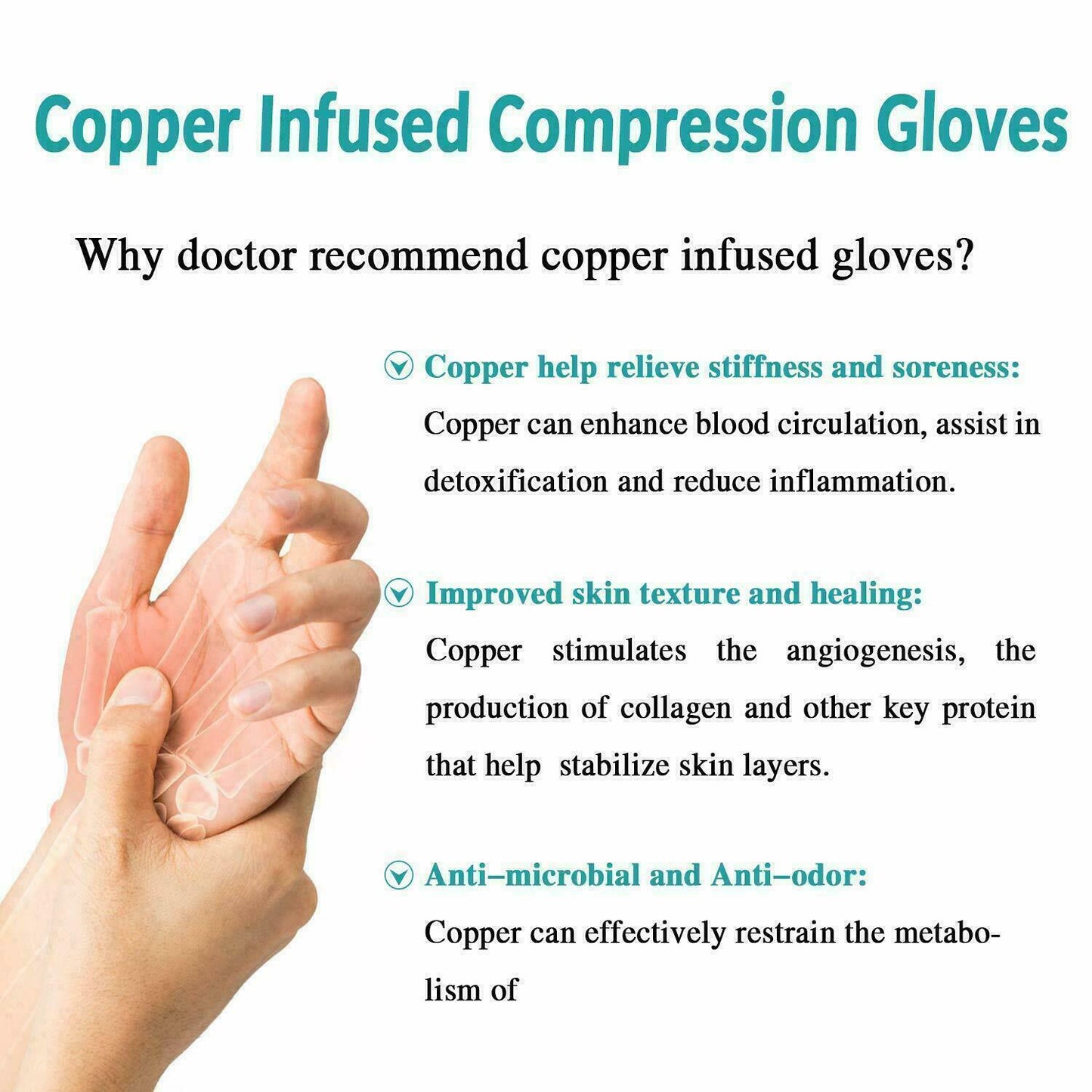 Copper Arthritis Compression Gloves Hand Wrist Brace Support Joint Pain Relief