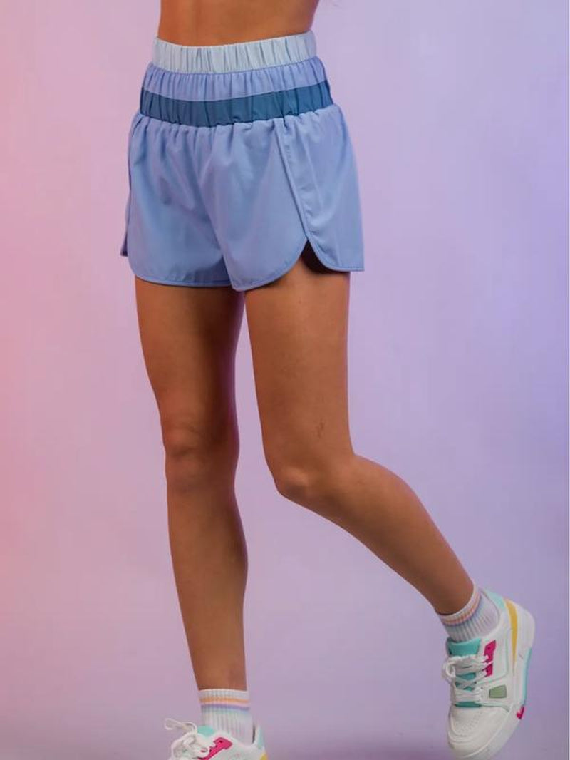 Light Blue Color Block Active Shorts with Elastic High Waistband