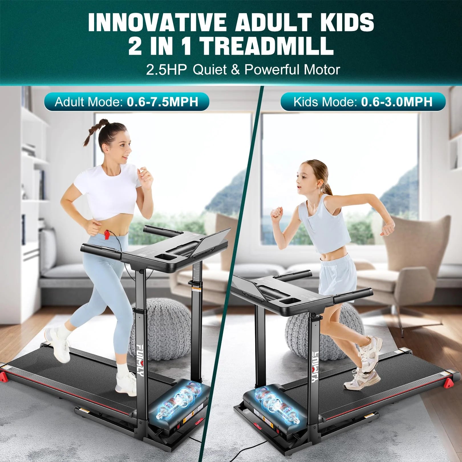 Adjustable Height Folding Treadmill with Incline, 0-7.5Mph 64 Training Program, Bluetooth Speaker & App, Exercise Treadmills with Desk, 300Lbs Weight Capacity for Home Office