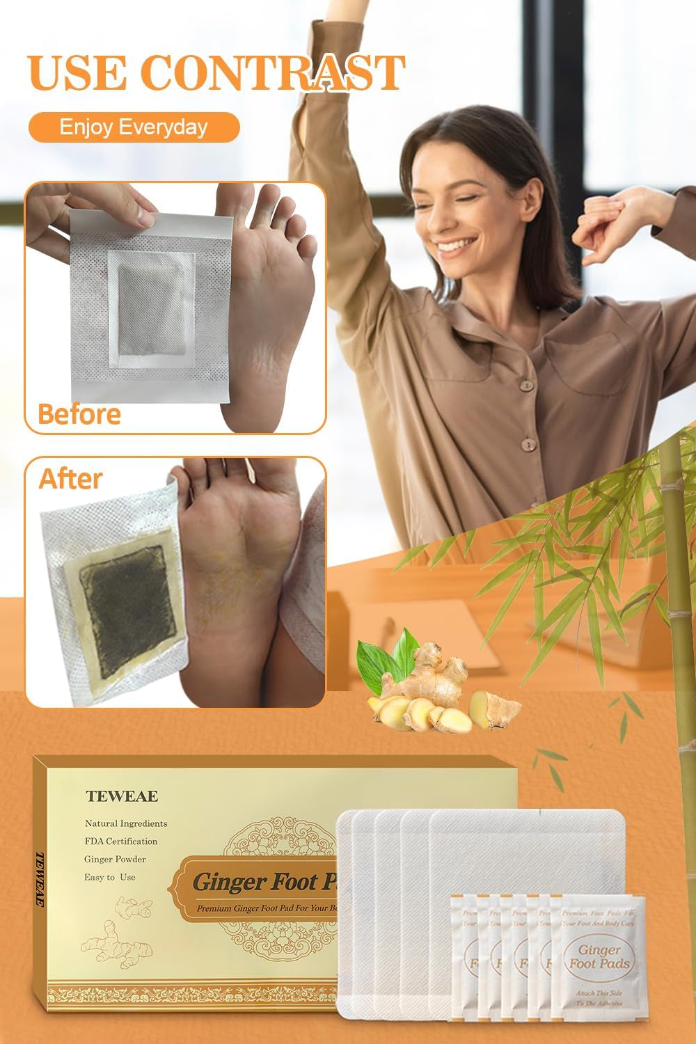 Foot Pads, Ginger Foot Pads, Natural Ginger Powder Bamboo Vinegar Foot Patches 20 Packs.
