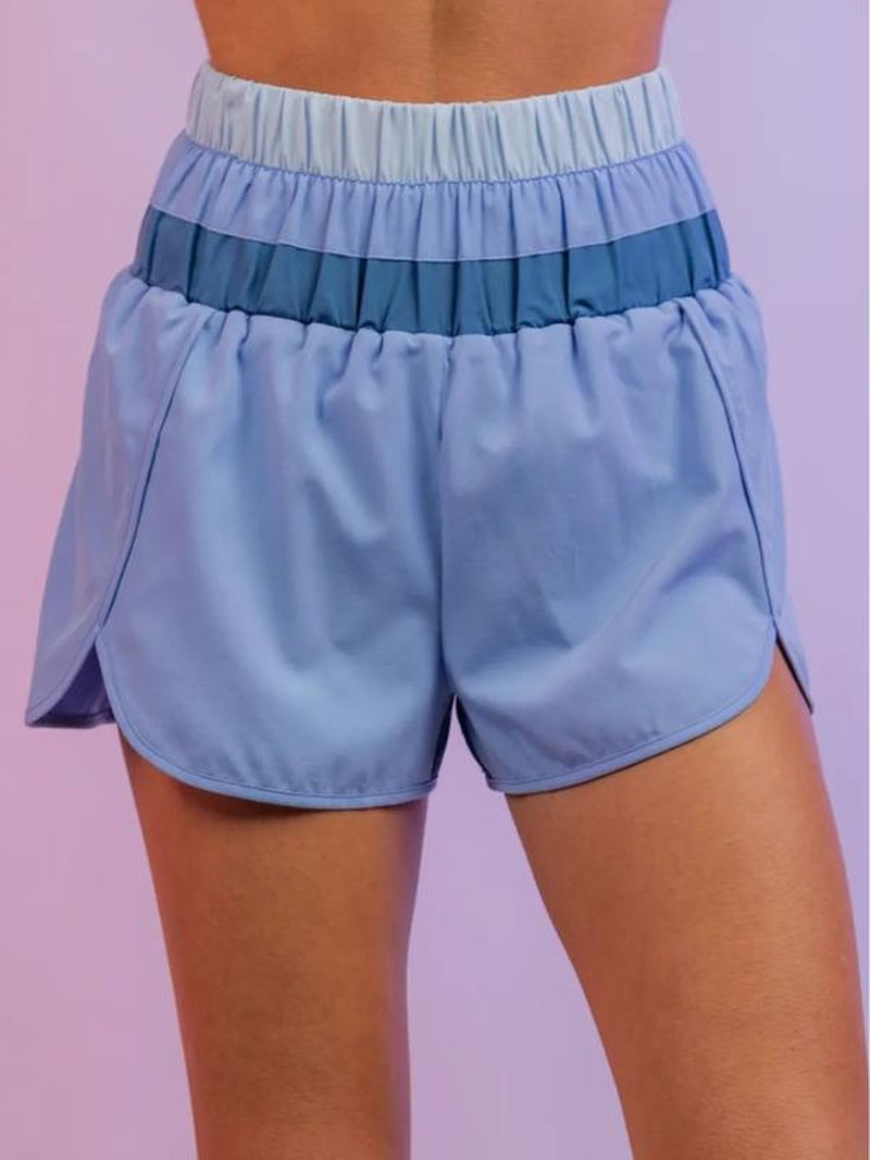Light Blue Color Block Active Shorts with Elastic High Waistband