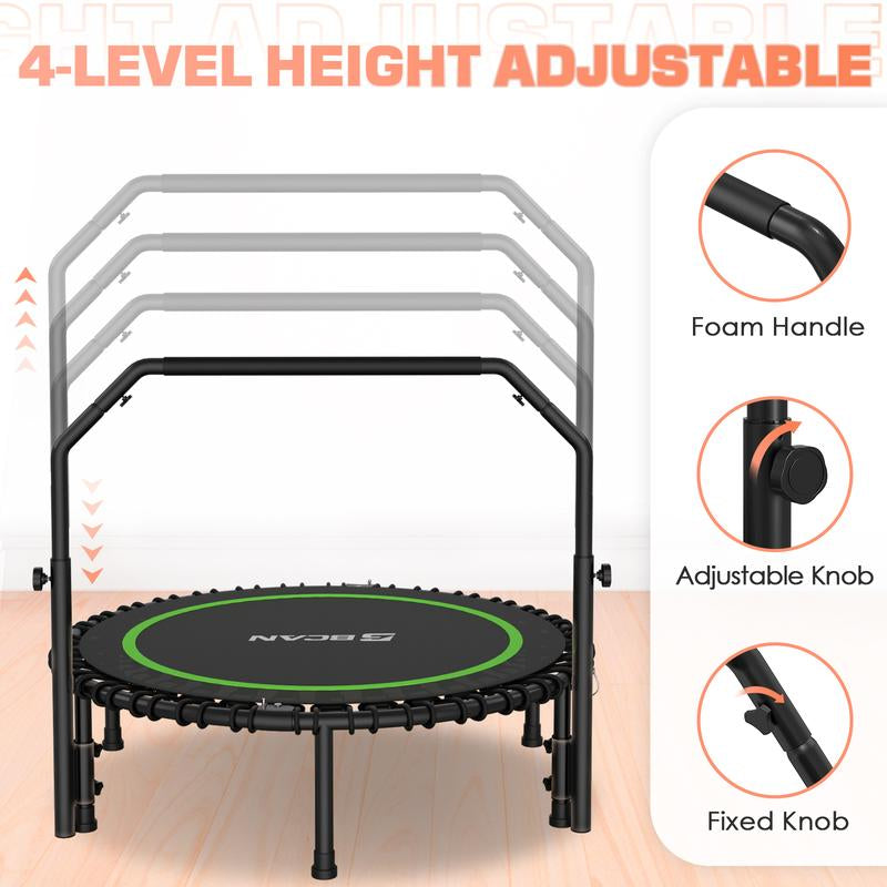 BCAN 450/550 LBS Foldable Mini Trampoline, 40"/48" Fitness Trampoline with Bungees, Adjustable Foam Handle/T-Handle/No Handle, Stable & Quiet Exercise Rebounder for Adults