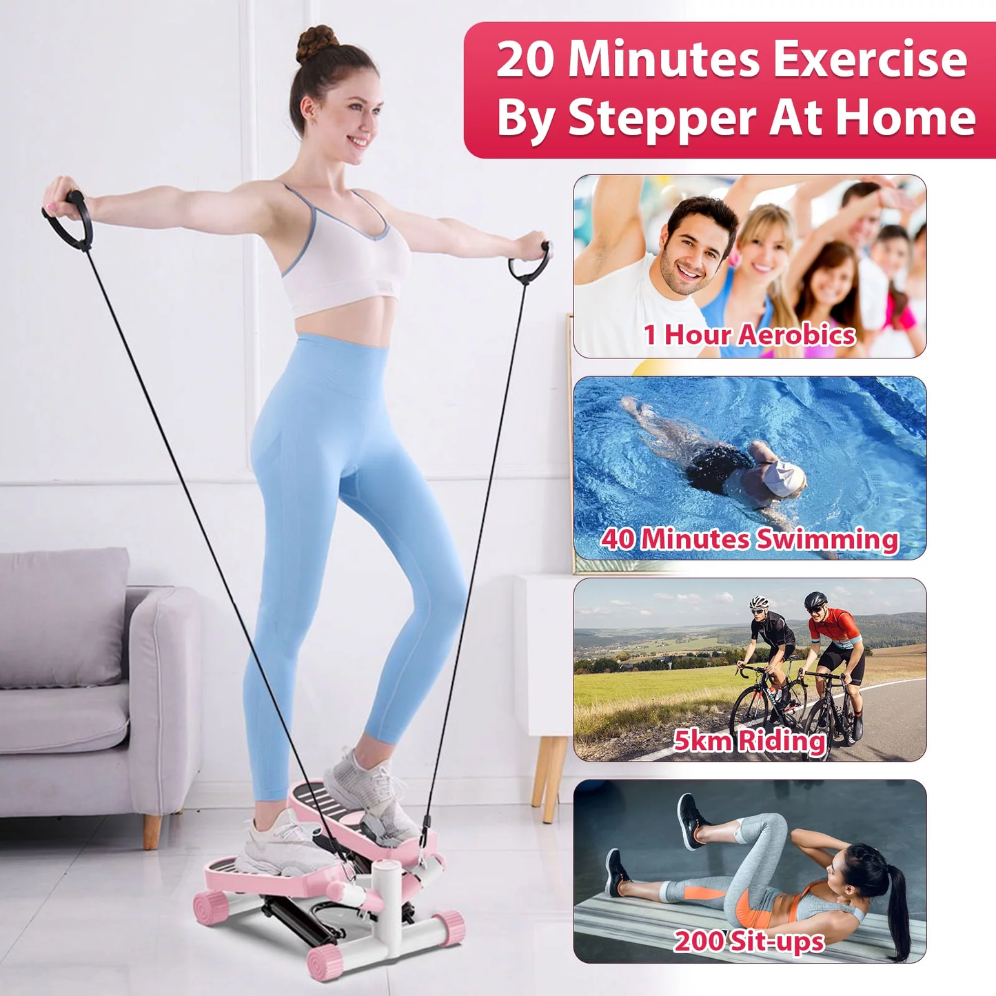 Portable Mini Stair Stepper Exercise Fitness Machine with Resistance Band