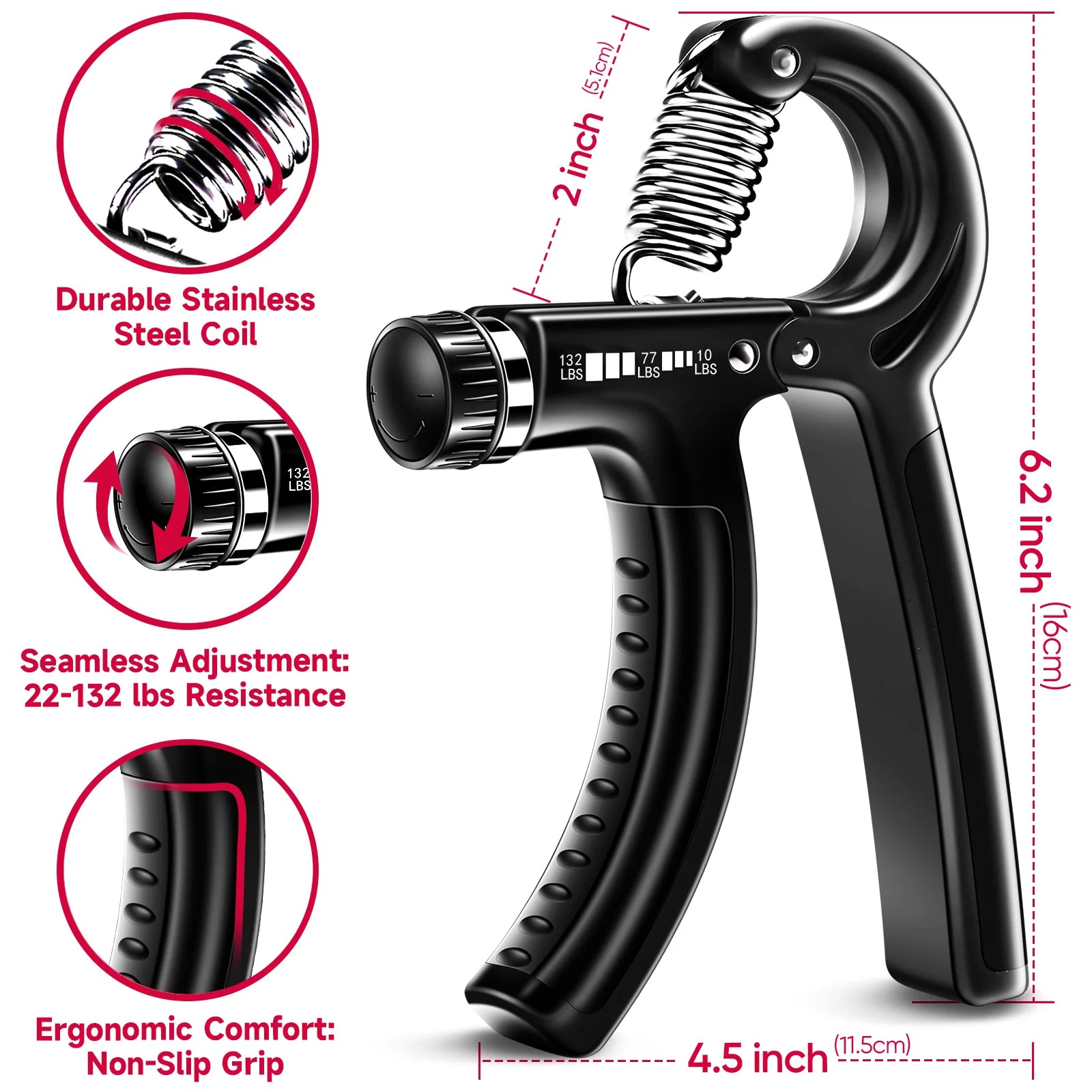 Adjustable Hand Grip Strengthener Workout Kit ( 10 to 132 LBS) - Black