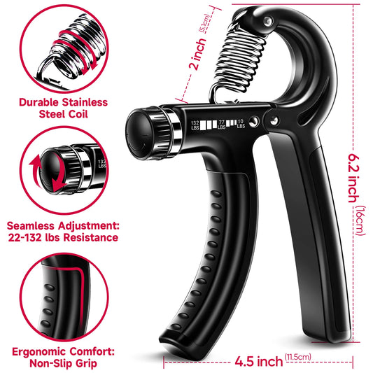 Adjustable Hand Grip Strengthener Workout Kit ( 10 to 132 LBS) - Black