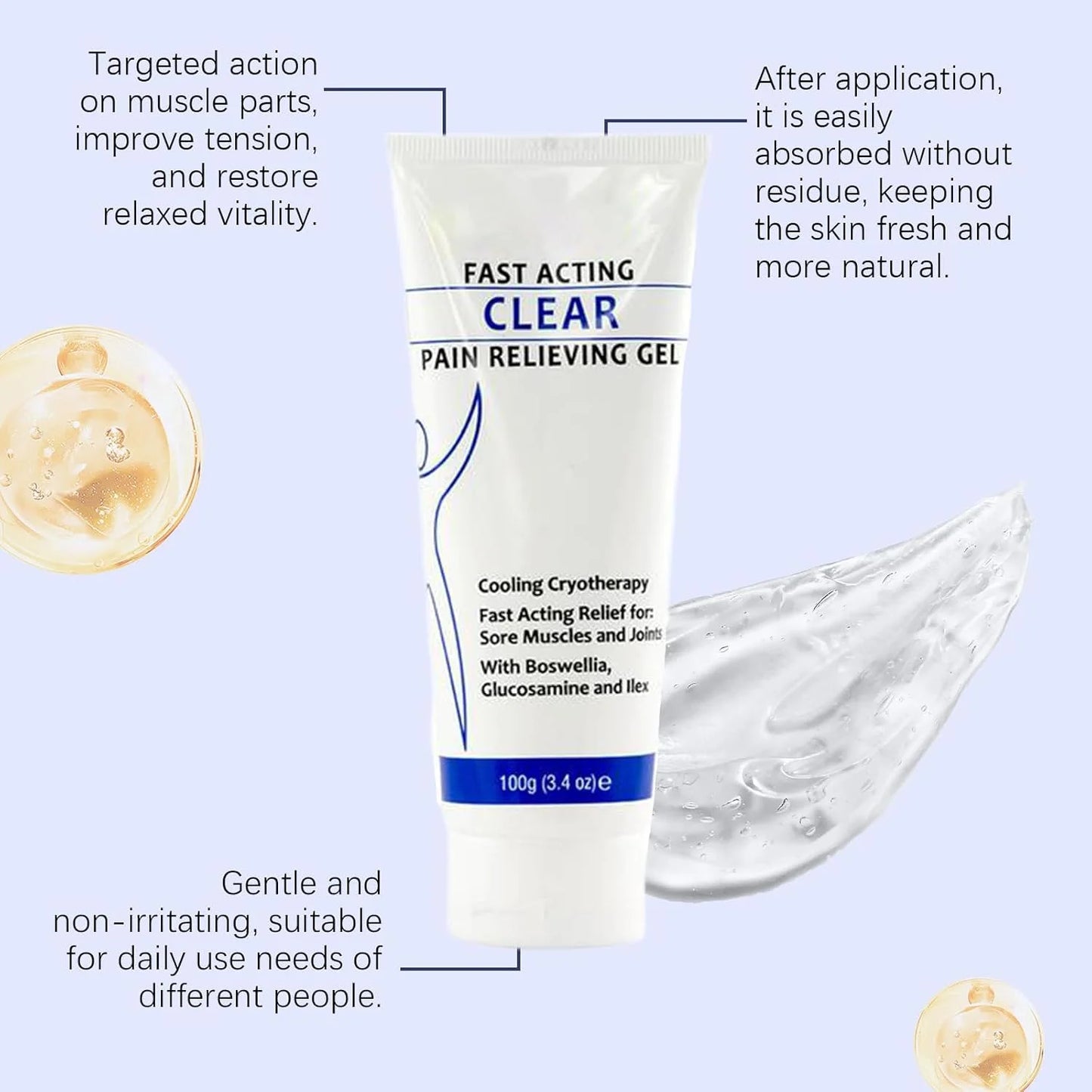 Soothing Cooling Gel 100G, Relieving Body Gel, Pain Relieving Gel, Fast Acting Clear Pain Relieving Gel, Cooling with Menthol and Frankincense, Relieve Muscle Tension (1PCS)