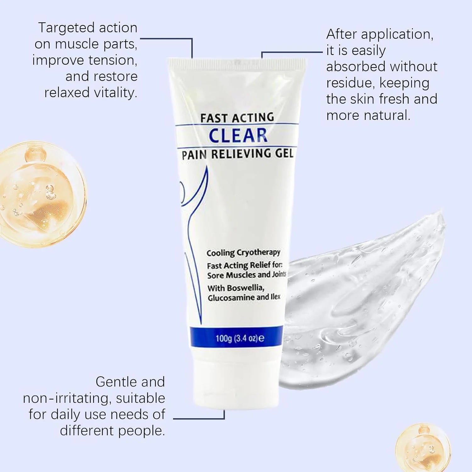 Soothing Cooling Gel 100G, Relieving Body Gel, Pain Relieving Gel, Fast Acting Clear Pain Relieving Gel, Cooling with Menthol and Frankincense, Relieve Muscle Tension (1PCS)