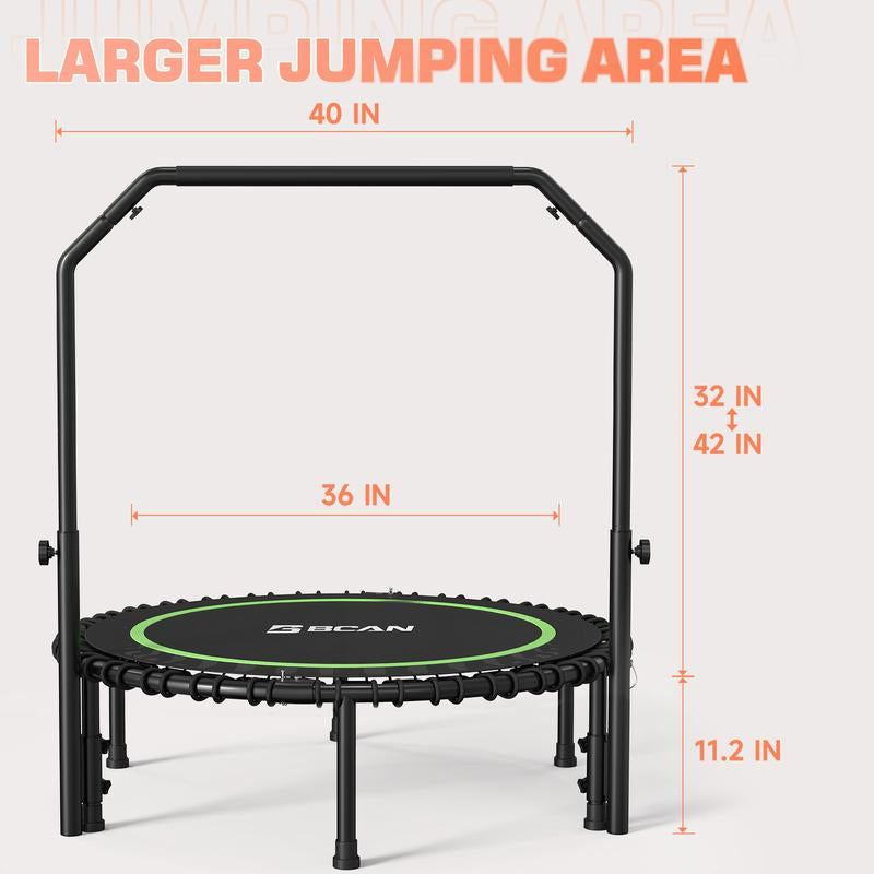 BCAN 450/550 LBS Foldable Mini Trampoline, 40"/48" Fitness Trampoline with Bungees, Adjustable Foam Handle/T-Handle/No Handle, Stable & Quiet Exercise Rebounder for Adults