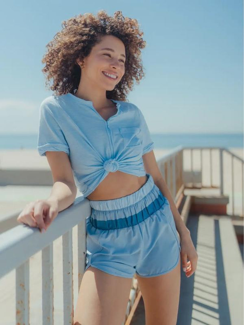 Light Blue Color Block Active Shorts with Elastic High Waistband