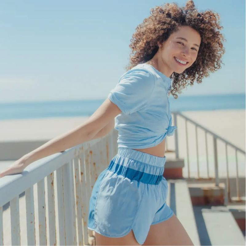 Light Blue Color Block Active Shorts with Elastic High Waistband