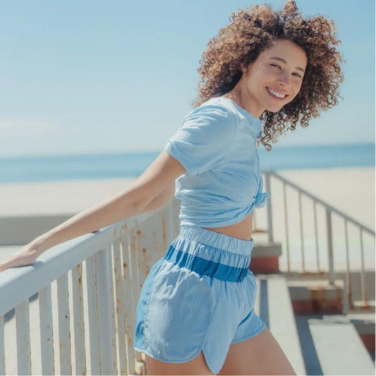 Light Blue Color Block Active Shorts with Elastic High Waistband