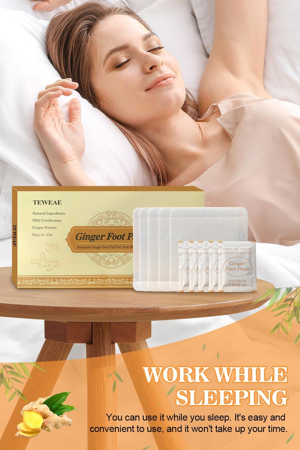 Foot Pads, Ginger Foot Pads, Natural Ginger Powder Bamboo Vinegar Foot Patches 20 Packs.