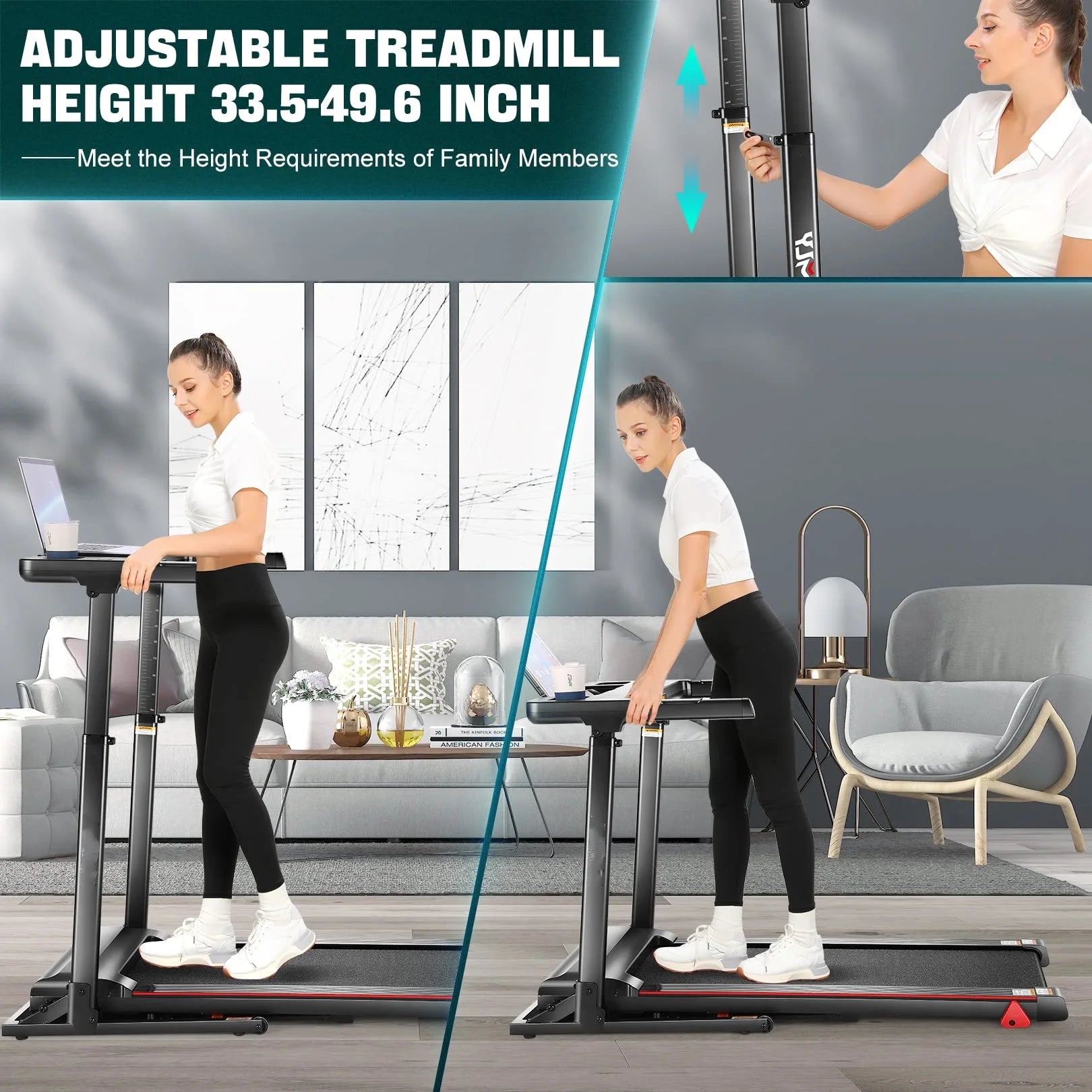 Adjustable Height Folding Treadmill with Incline, 0-7.5Mph 64 Training Program, Bluetooth Speaker & App, Exercise Treadmills with Desk, 300Lbs Weight Capacity for Home Office