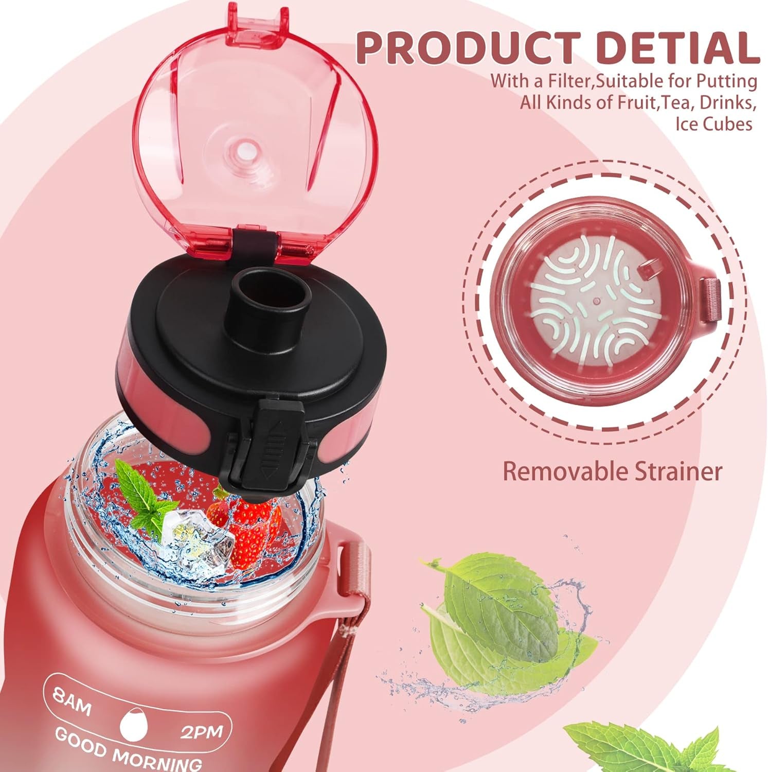 32Oz Motivational Water Bottle with Times to Drink,Time Marker & Removable Strainer,Fast Flow,Leakproof Tritan BPA Free Non-Toxic Water Jug for Fitness,Gym,Sports…