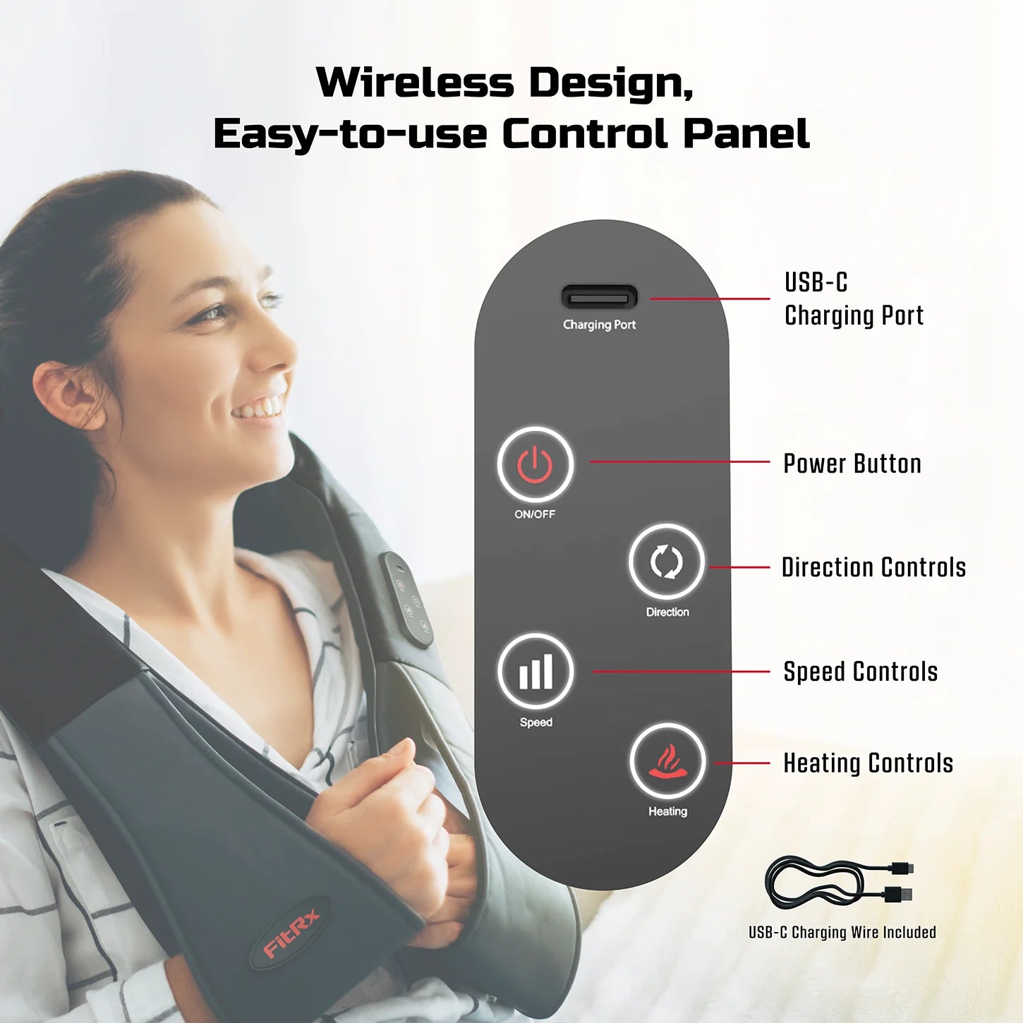 Cordless Shiatsu Shoulder, Back, and Neck Massager with Heat, Usb-Rechargeable, Black