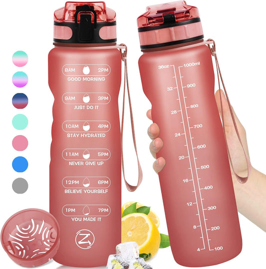 32Oz Motivational Water Bottle with Times to Drink,Time Marker & Removable Strainer,Fast Flow,Leakproof Tritan BPA Free Non-Toxic Water Jug for Fitness,Gym,Sports…