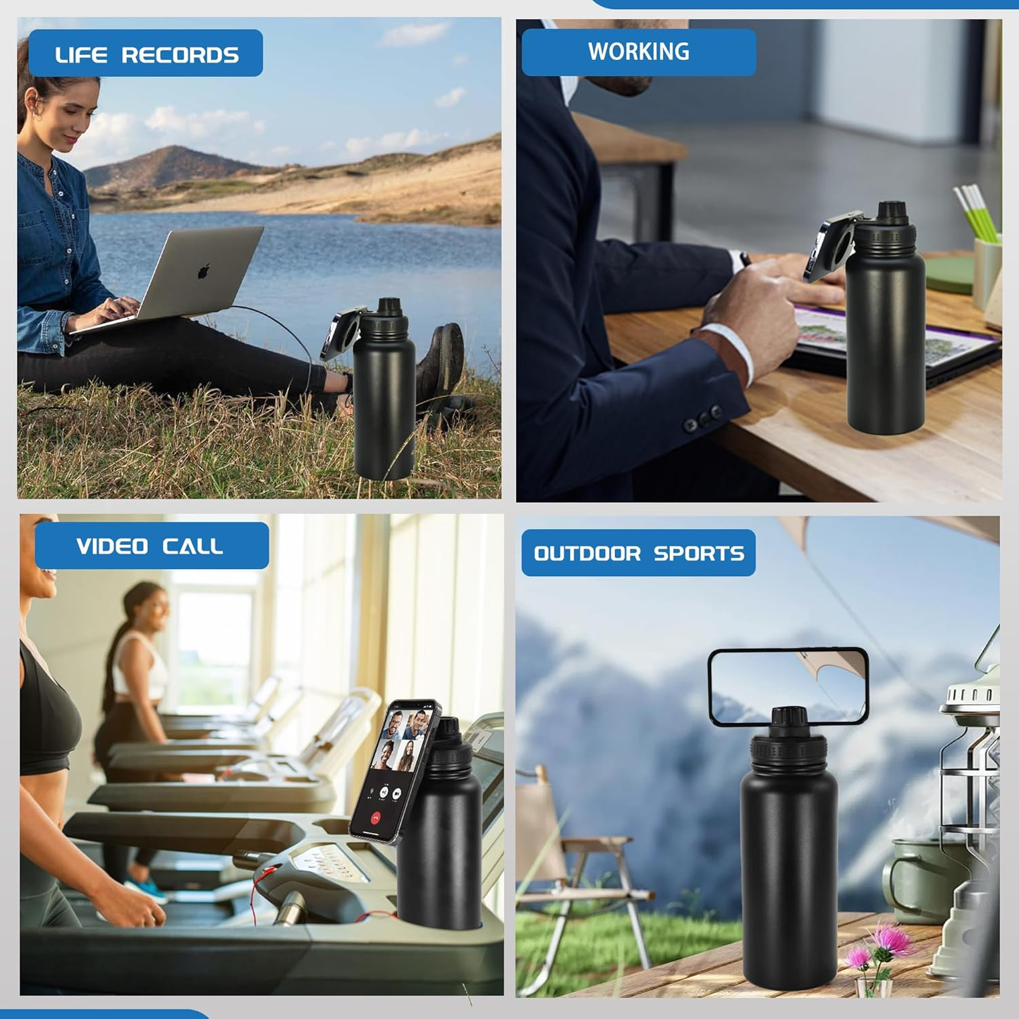32Oz Water Bottle with Magnetic Phone Holder, Stainless Steel Water Bottles Compatible with Magsafe Phone Mount and Tripod for Iphone, Double Walled Insulated Tumbler for Gym, Sport