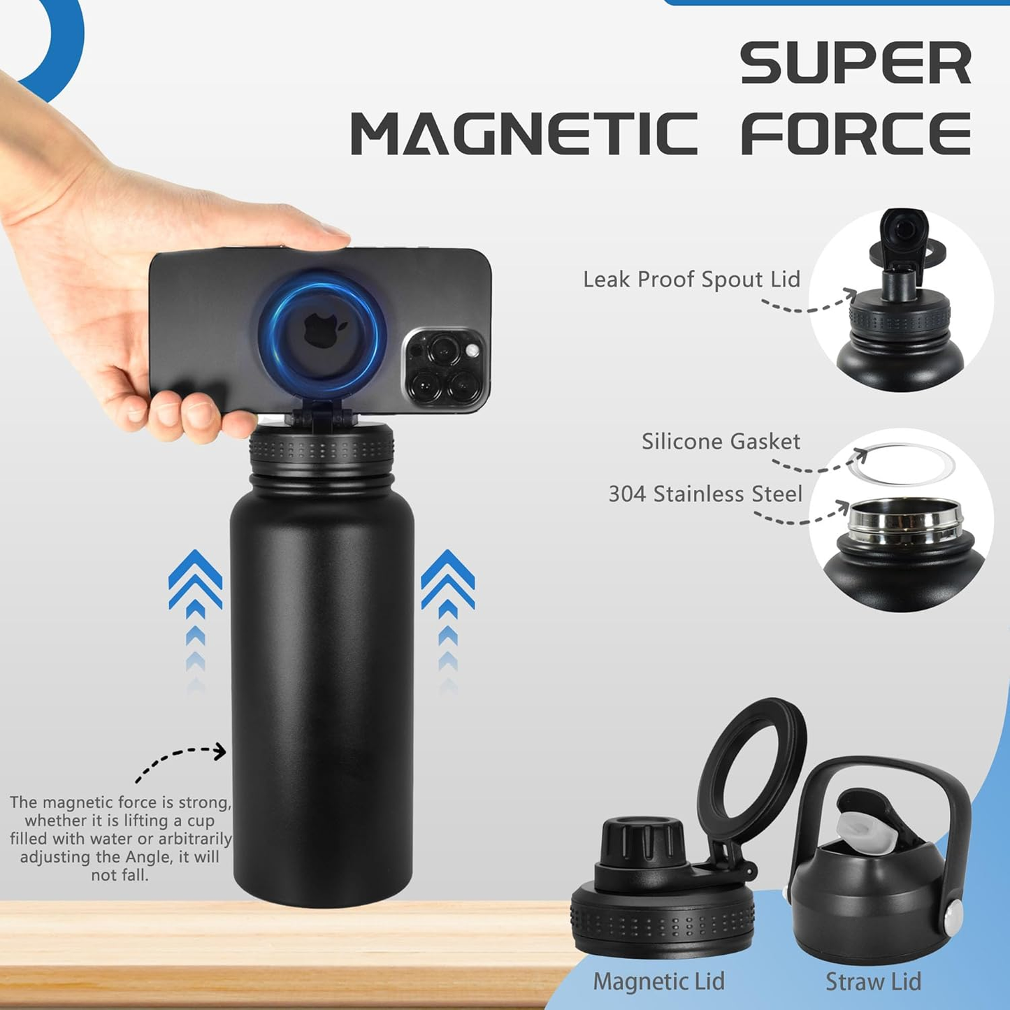 32Oz Water Bottle with Magnetic Phone Holder, Stainless Steel Water Bottles Compatible with Magsafe Phone Mount and Tripod for Iphone, Double Walled Insulated Tumbler for Gym, Sport