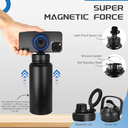 32oz Stainless Steel Water Bottle with Magnetic Phone Holder – MagSafe Compatible, Double-Wall Insulated Tumbler with Tripod Mount for iPhone, Gym & Sports Use