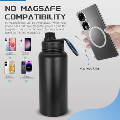 32oz Stainless Steel Water Bottle with Magnetic Phone Holder – MagSafe Compatible, Double-Wall Insulated Tumbler with Tripod Mount for iPhone, Gym & Sports Use