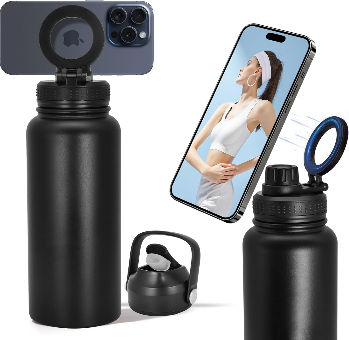 32Oz Water Bottle with Magnetic Phone Holder, Stainless Steel Water Bottles Compatible with Magsafe Phone Mount and Tripod for Iphone, Double Walled Insulated Tumbler for Gym, Sport