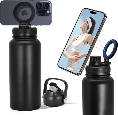 32oz Stainless Steel Water Bottle with Magnetic Phone Holder – MagSafe Compatible, Double-Wall Insulated Tumbler with Tripod Mount for iPhone, Gym & Sports Use