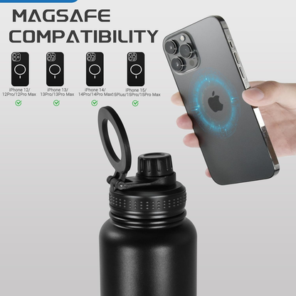 32oz Stainless Steel Water Bottle with Magnetic Phone Holder – MagSafe Compatible, Double-Wall Insulated Tumbler with Tripod Mount for iPhone, Gym & Sports Use