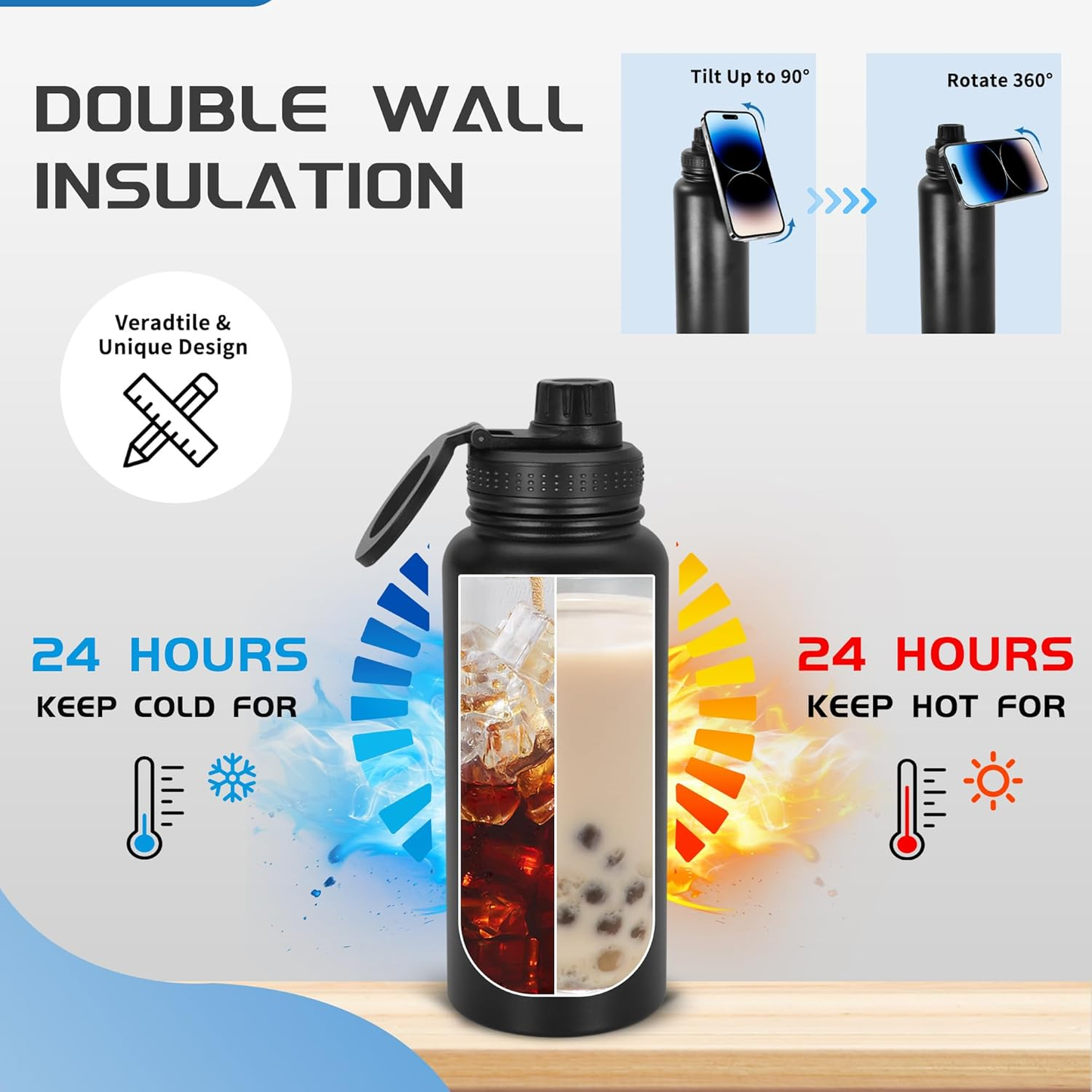 32Oz Water Bottle with Magnetic Phone Holder, Stainless Steel Water Bottles Compatible with Magsafe Phone Mount and Tripod for Iphone, Double Walled Insulated Tumbler for Gym, Sport