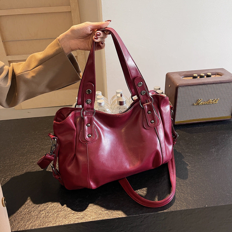 Casual Retro Solid Color PU Large Capacity Shoulder Bag - Zyefit