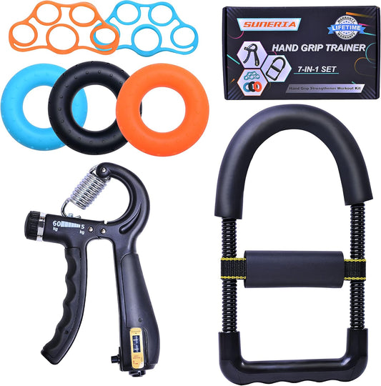 Hand Grip Strengthener (7 Pack) Forearm Grip Adjustable Resistance Hand Gripper with Wrist Strengthener, Finger Stretcher, Grip Ring Exerciser