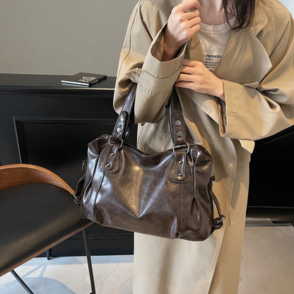 Casual Retro Solid Color PU Large Capacity Shoulder Bag - Zyefit
