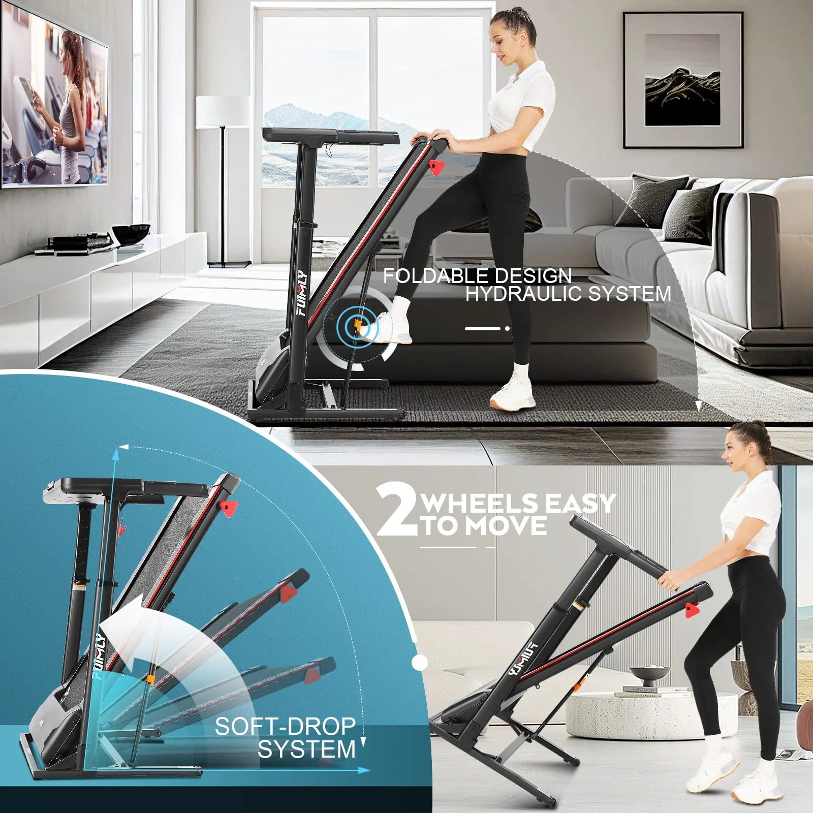Adjustable Height Folding Treadmill with Incline, 0-7.5Mph 64 Training Program, Bluetooth Speaker & App, Exercise Treadmills with Desk, 300Lbs Weight Capacity for Home Office