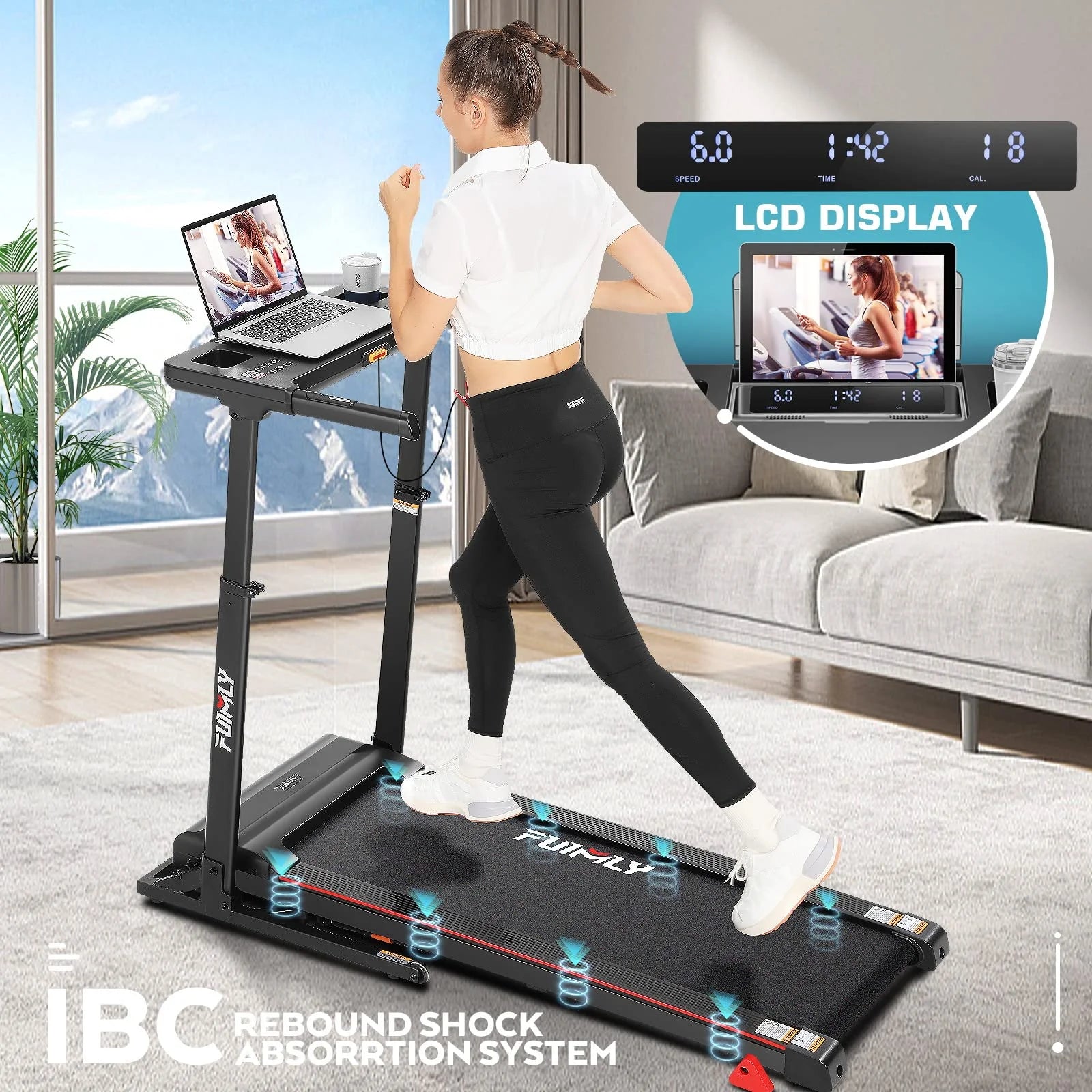 Adjustable Height Folding Treadmill with Incline, 0-7.5Mph 64 Training Program, Bluetooth Speaker & App, Exercise Treadmills with Desk, 300Lbs Weight Capacity for Home Office