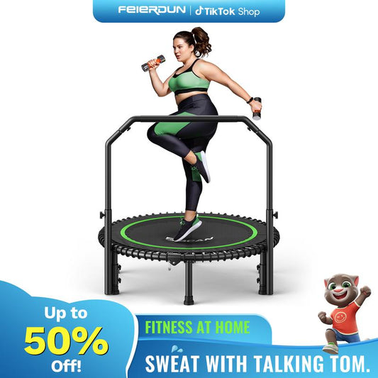 BCAN 450/550 LBS Foldable Mini Trampoline, 40"/48" Fitness Trampoline with Bungees, Adjustable Foam Handle/T-Handle/No Handle, Stable & Quiet Exercise Rebounder for Adults