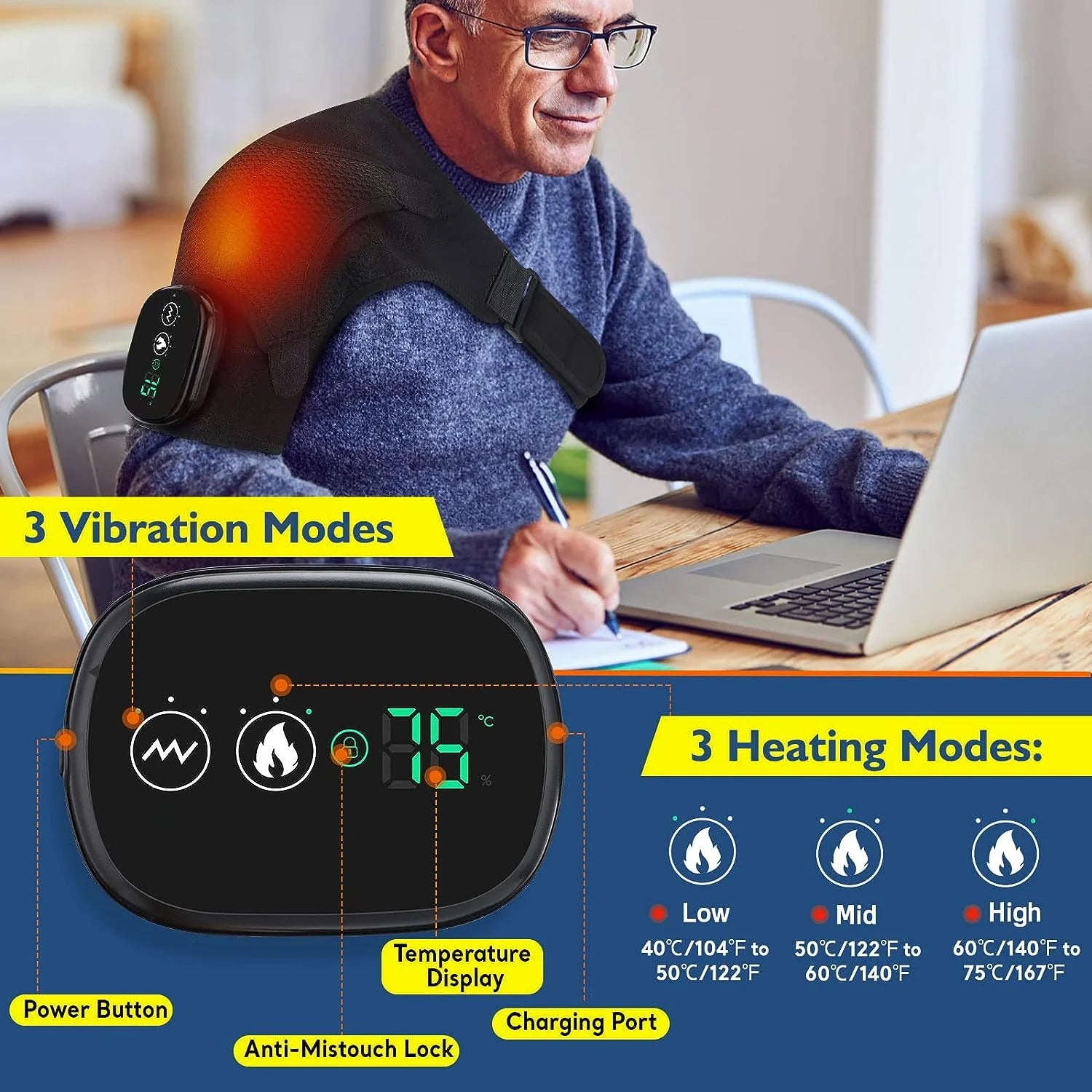 Cordless Shoulder Heating Pad, Heated Shoulder Brace with Vibration, Shoulder Massager for Men Women Shoulder Pain Relief