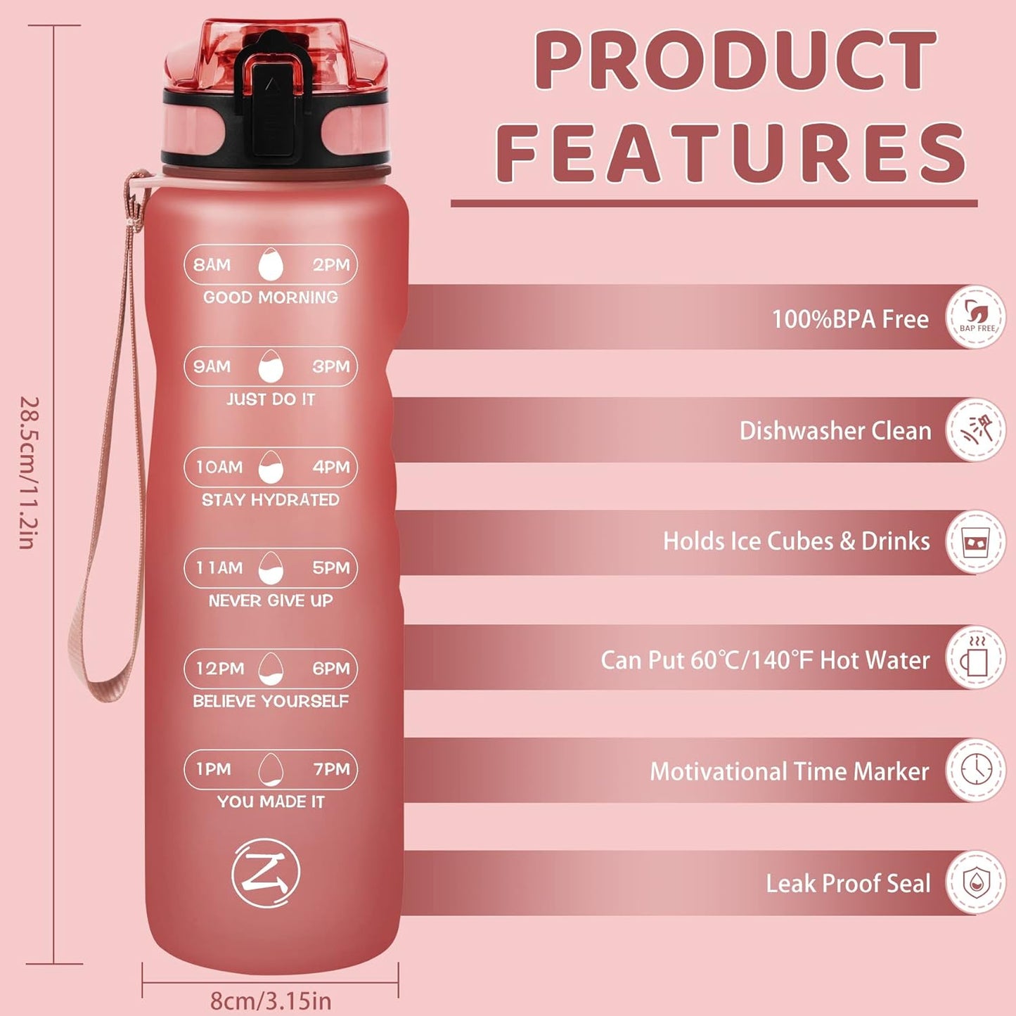 32Oz Motivational Water Bottle with Times to Drink,Time Marker & Removable Strainer,Fast Flow,Leakproof Tritan BPA Free Non-Toxic Water Jug for Fitness,Gym,Sports…