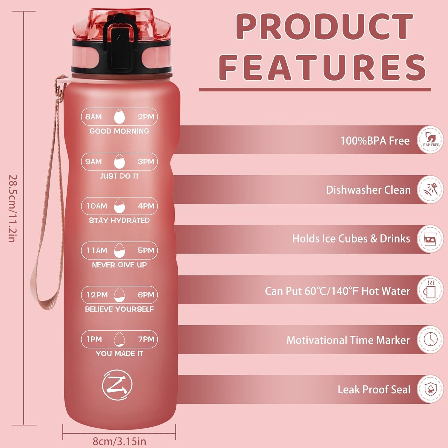 32Oz Motivational Water Bottle with Times to Drink,Time Marker & Removable Strainer,Fast Flow,Leakproof Tritan BPA Free Non-Toxic Water Jug for Fitness,Gym,Sports…