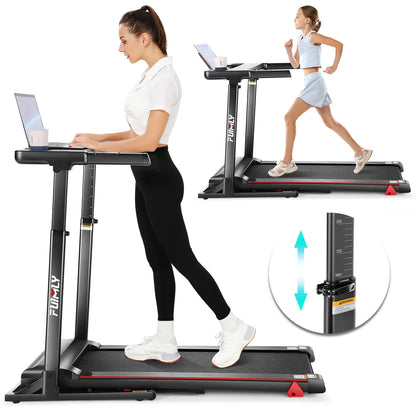 Adjustable Height Folding Treadmill with Incline, 0-7.5Mph 64 Training Program, Bluetooth Speaker & App, Exercise Treadmills with Desk, 300Lbs Weight Capacity for Home Office