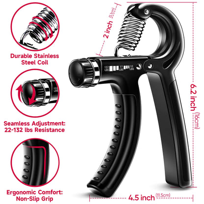 Adjustable Hand Grip Strengthener Workout Kit ( 10 to 132 LBS) - Black