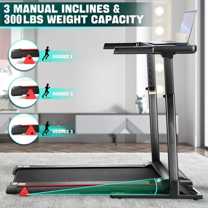 Adjustable Height Folding Treadmill with Incline, 0-7.5Mph 64 Training Program, Bluetooth Speaker & App, Exercise Treadmills with Desk, 300Lbs Weight Capacity for Home Office
