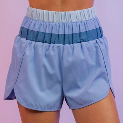 Light Blue Color Block Active Shorts with Elastic High Waistband