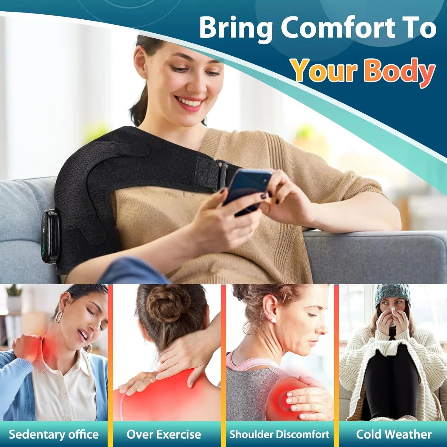 Cordless Shoulder Heating Pad, Heated Shoulder Brace with Vibration, Shoulder Massager for Men Women Shoulder Pain Relief