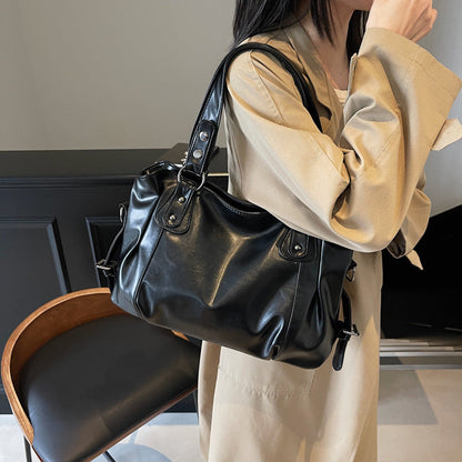 Casual Retro Solid Color PU Large Capacity Shoulder Bag - Zyefit