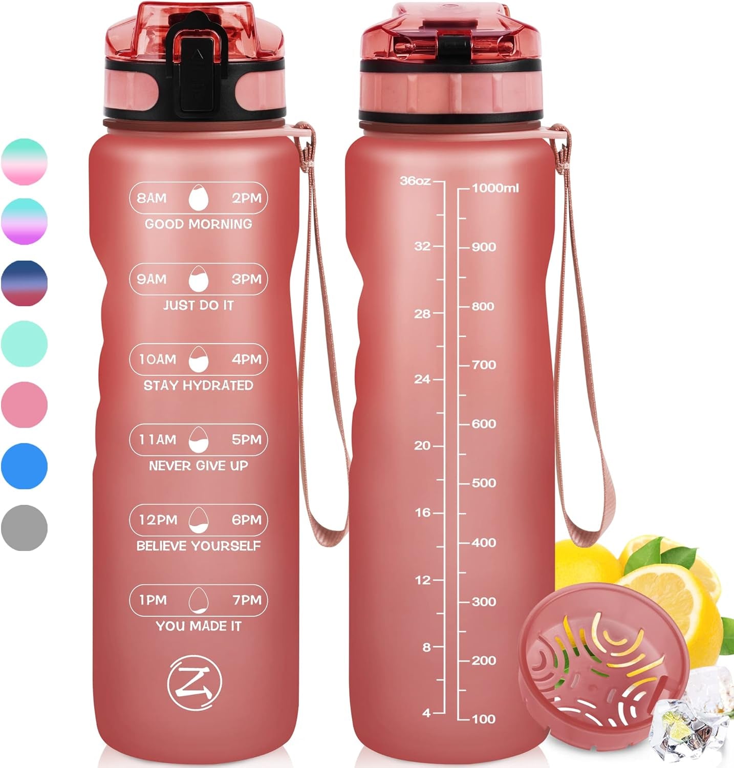 32Oz Motivational Water Bottle with Times to Drink,Time Marker & Removable Strainer,Fast Flow,Leakproof Tritan BPA Free Non-Toxic Water Jug for Fitness,Gym,Sports…