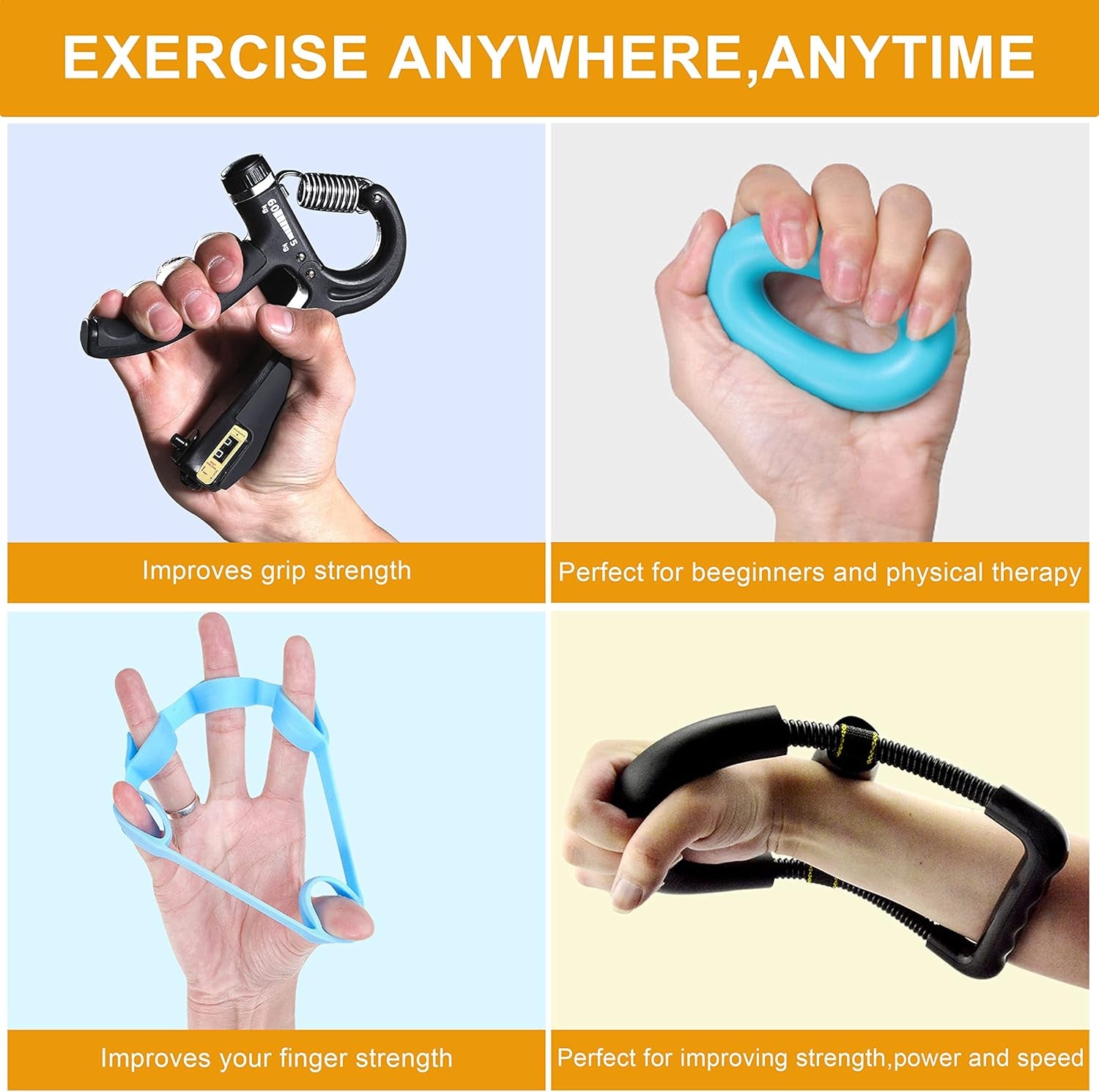 Hand Grip Strengthener (7 Pack) Forearm Grip Adjustable Resistance Hand Gripper with Wrist Strengthener, Finger Stretcher, Grip Ring Exerciser