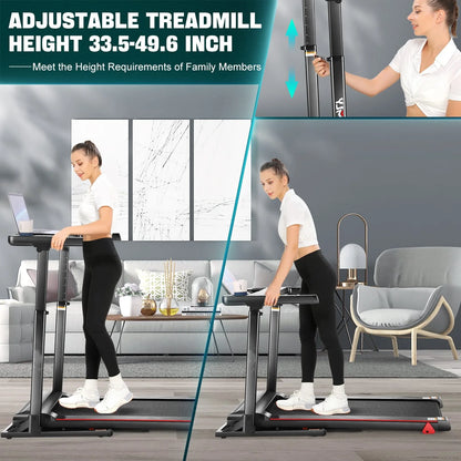 Adjustable Height Folding Treadmill with Incline, 0-7.5Mph 64 Training Program, Bluetooth Speaker & App, Exercise Treadmills with Desk, 300Lbs Weight Capacity for Home Office